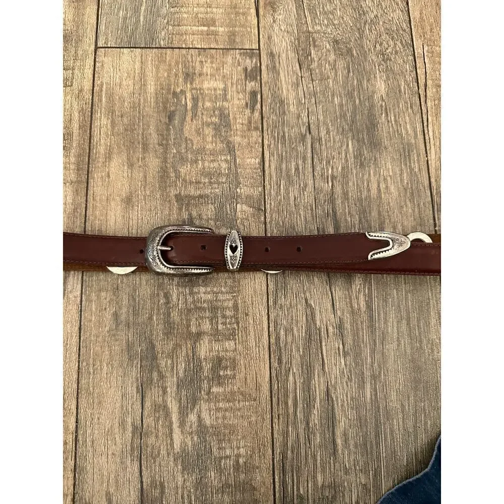 Vintage Women's Brown Genuine Leather western silver Belt hearts 1X plus size